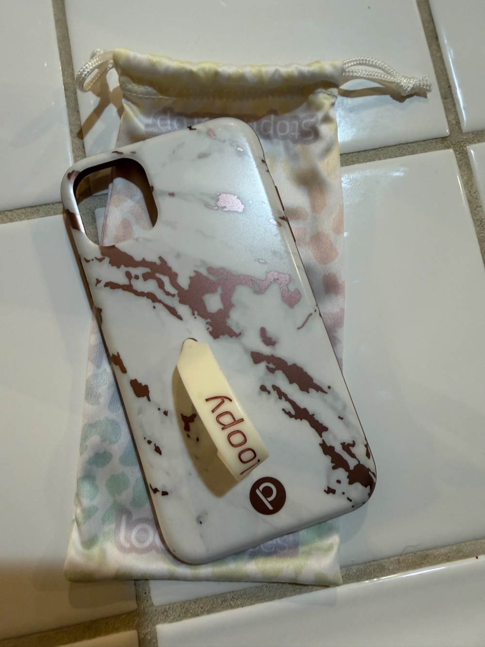 Loopy Case Marble Phone Case in White with Rose Accents